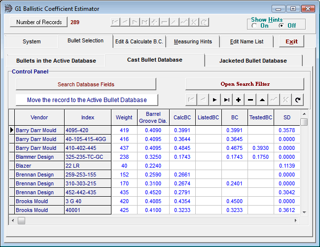 Cast Bullet G1 Ballistic Coefficient